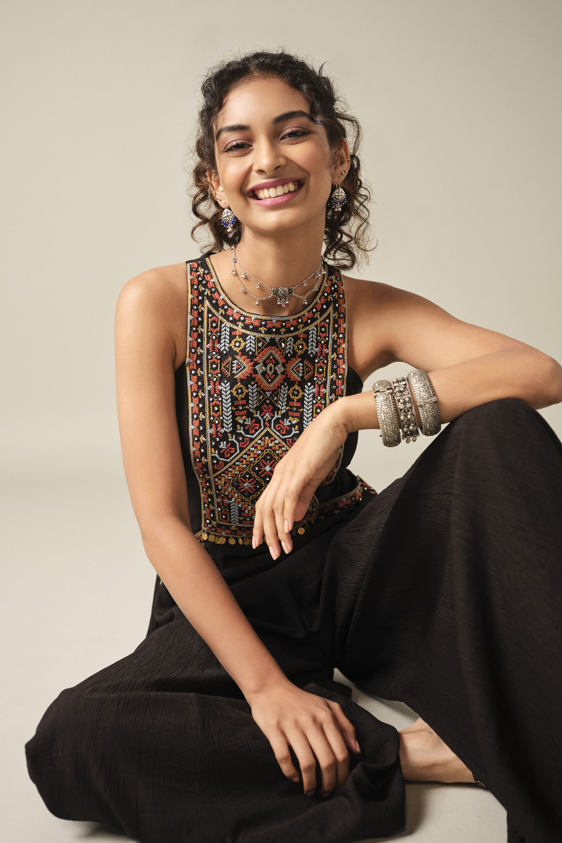 Embroidered Coin Jumpsuit in Black, Black, image 2